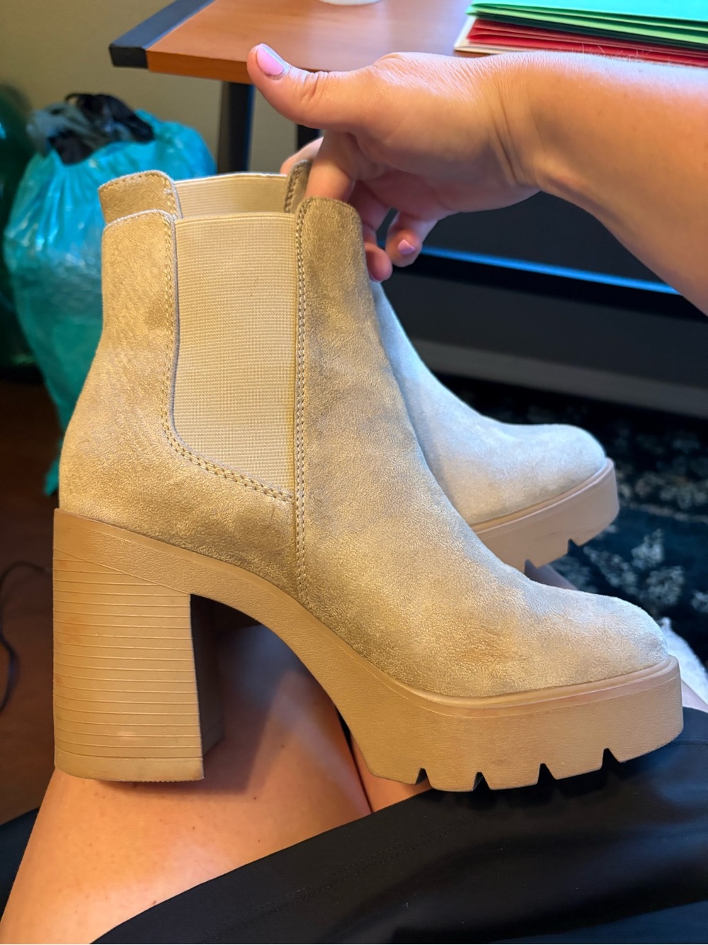 Pink Lily Cream Suede Platform Chelsea Booties